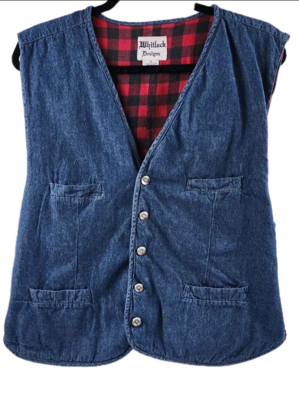 Denim Vest Black Red Check Flannel Lined Whitlock Designs Cinch Buckle Medium